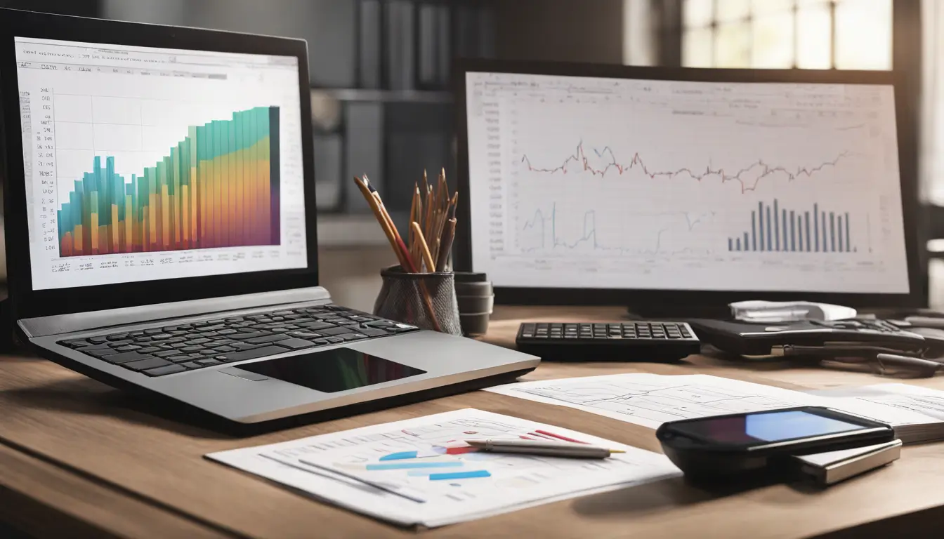 Imagem de um ecrã de computador exibindo gráficos financeiros coloridos, junto a uma pilha de livros contabilísticos tradicionais e uma calculadora em uma mesa de madeira.