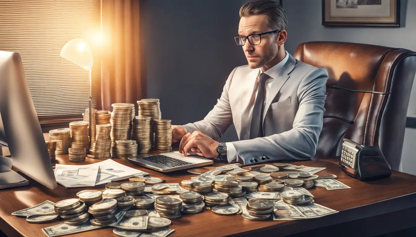 Empresário em traje formal gerindo finanças com laptop, calculadora, moedas, notas de dólar, e cofrinho na mesa iluminado por uma lâmpada de mesa.