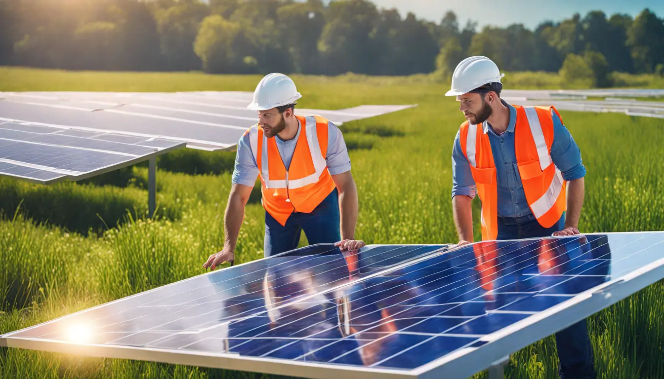 Profissionais de segurança analisando plantas em um grande campo de instalação de painéis solares sob um sol brilhante, representando os passos para abrir uma empresa de energia solar.