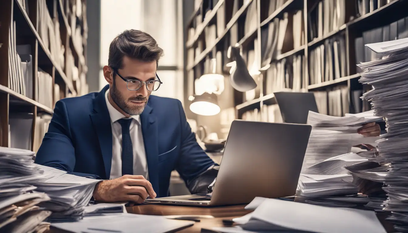 Corretor de seguros profissional analisando um contrato de seguro em um ambiente de escritório bem iluminado, representando a importância de um seguro adequado para corretores de seguros.