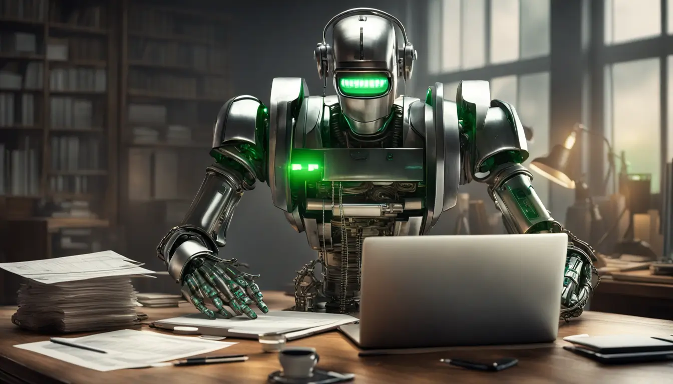 Imagem de um robô metálico analisando faturas de papel e digitando em um laptop, ilustrando como a tecnologia está transformando a contabilidade.