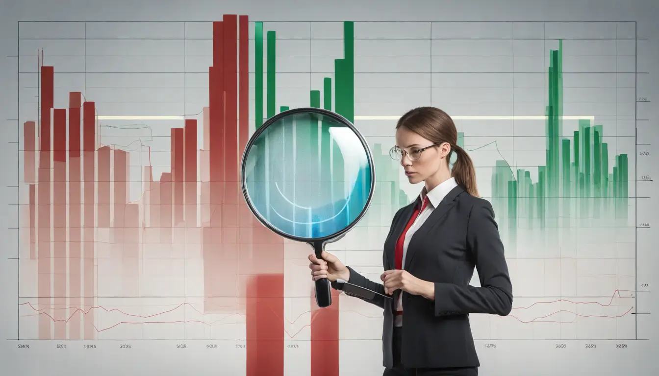Empresária analisando gráfico financeiro com lupa e símbolo de escudo azul, representando a gestão eficaz na prevenção de problemas financeiros na empresa.