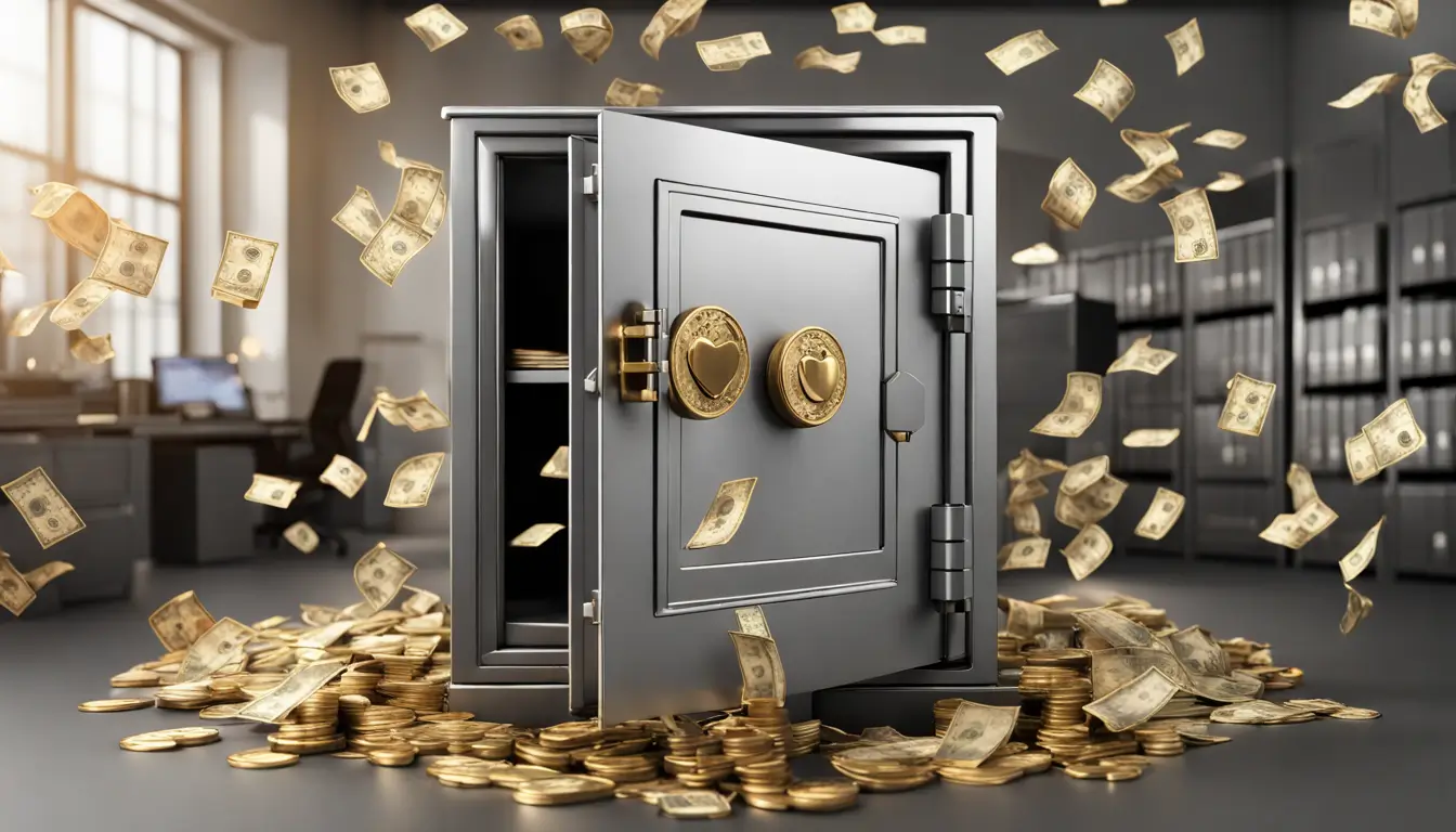 Imagem de um cofre robusto em um escritório, com dinheiro e moedas de ouro transbordando, envolvido por símbolos de saúde, representando a importância do seguro para a saúde financeira da empresa.