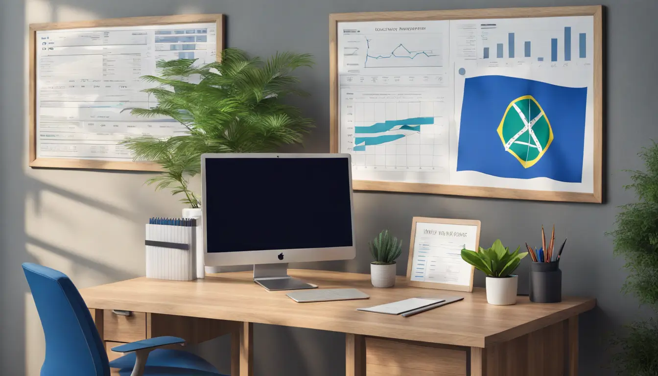 Escritório moderno com bandeira do Brasil, laptop exibindo gráficos e relatório tributário do Simples Nacional para pequenas empresas.