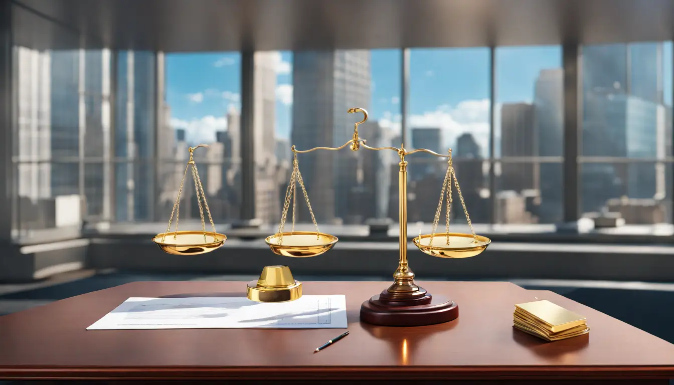 Imagem de uma balança dourada em um escritório, equilibrando papelada trabalhista e um prédio corporativo, representando as mudanças na legislação trabalhista para empresas.
