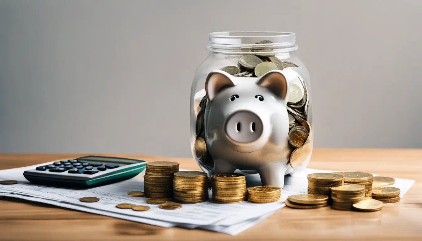 Imagem de um cofrinho transparente cheio de moedas de ouro, sobre notas de várias moedas em uma mesa de madeira com uma planta verde ao lado e uma calculadora moderna, representando gestão de finanças