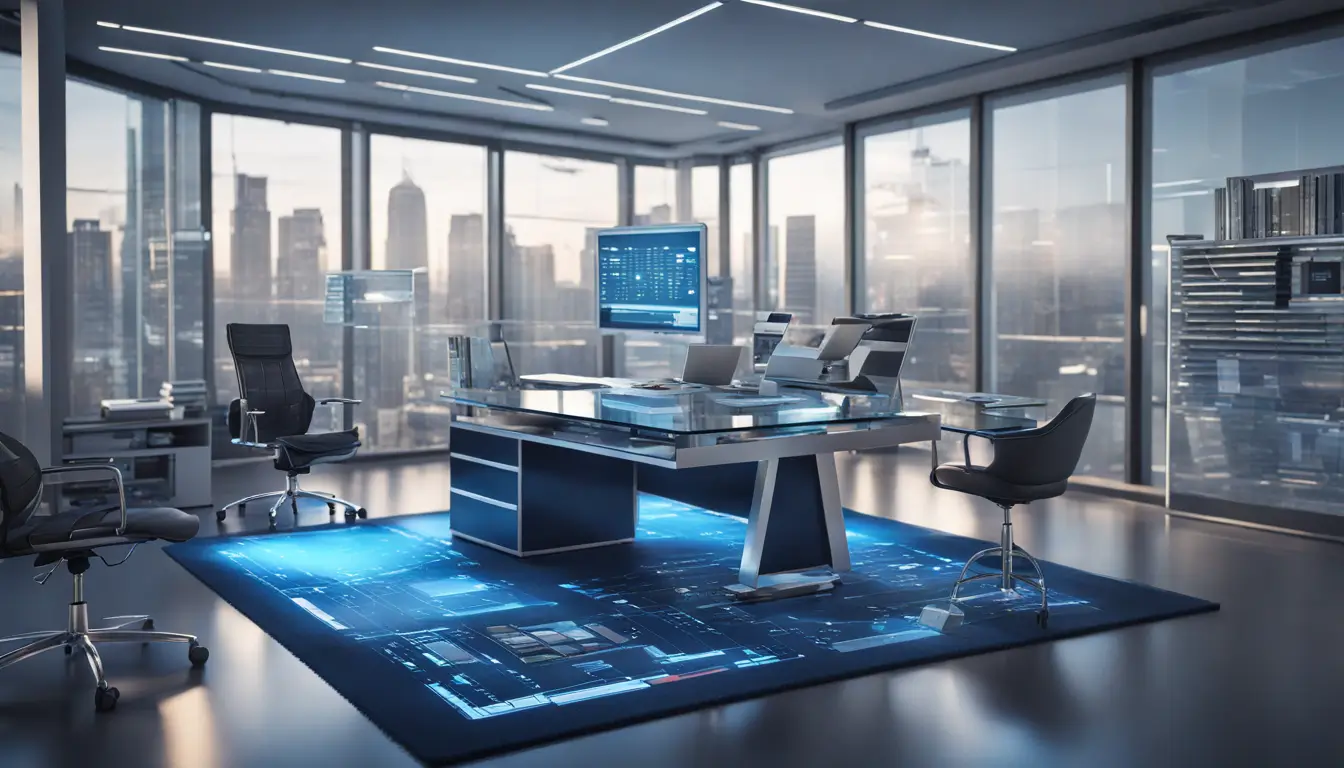 Imagem de um escritório moderno iluminado, com um computador de alta tecnologia exibindo gráficos, calculadora futurista e livros de contabilidade sobre um tapete azul.