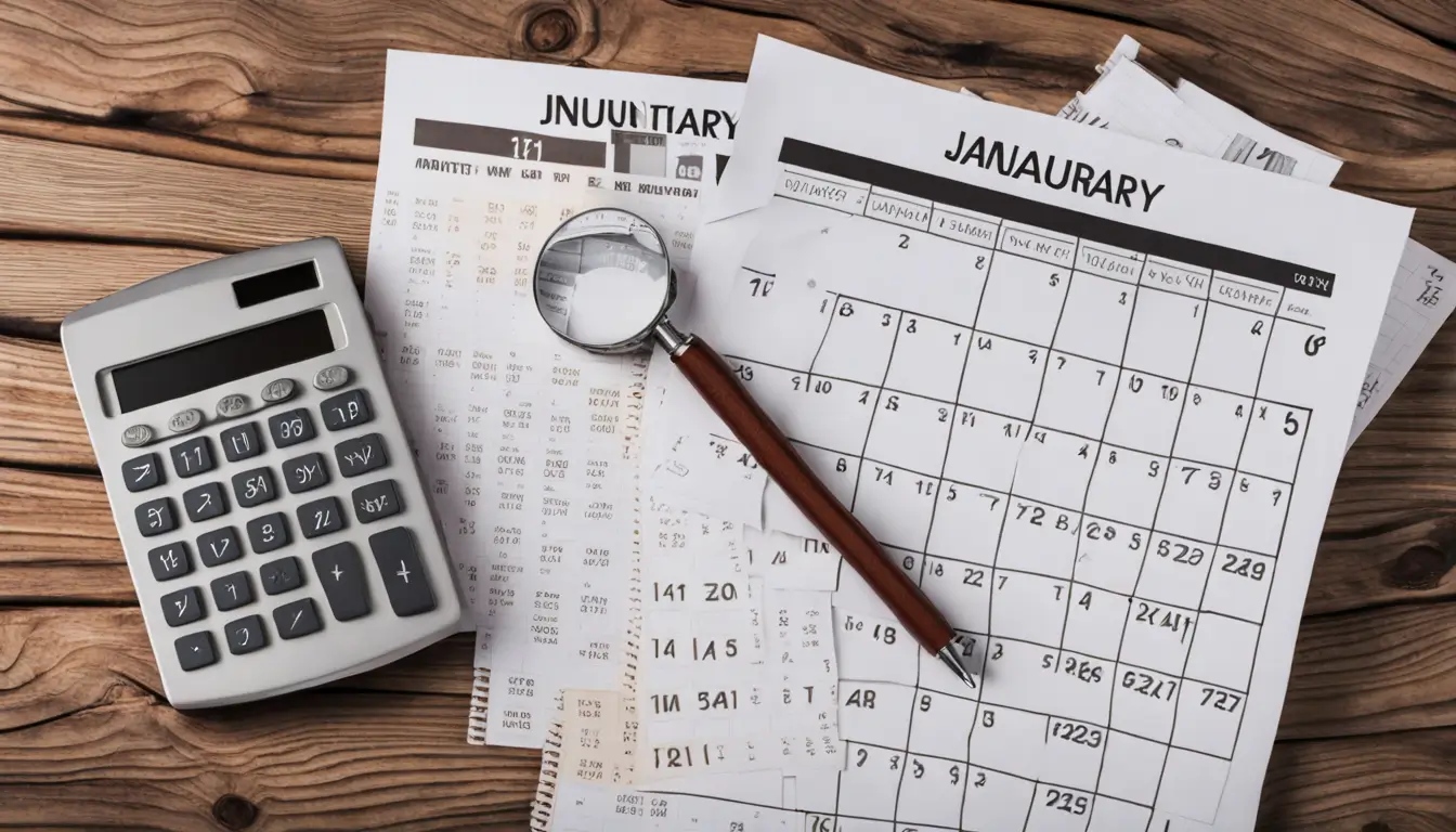 Imagem de um calendário em uma mesa de madeira com uma lupa focando em Janeiro, uma calculadora e uma pilha de formulários de impostos brasileiros para planejamento tributário.