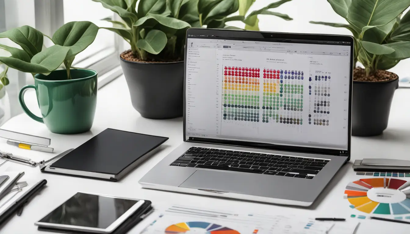 Imagem de um laptop exibindo gráficos coloridos e documentos digitais, simbolizando a contabilidade digital, em uma mesa limpa com uma planta, óculos e uma xícara de café, representando o ambiente de trabalho do empreendedor.