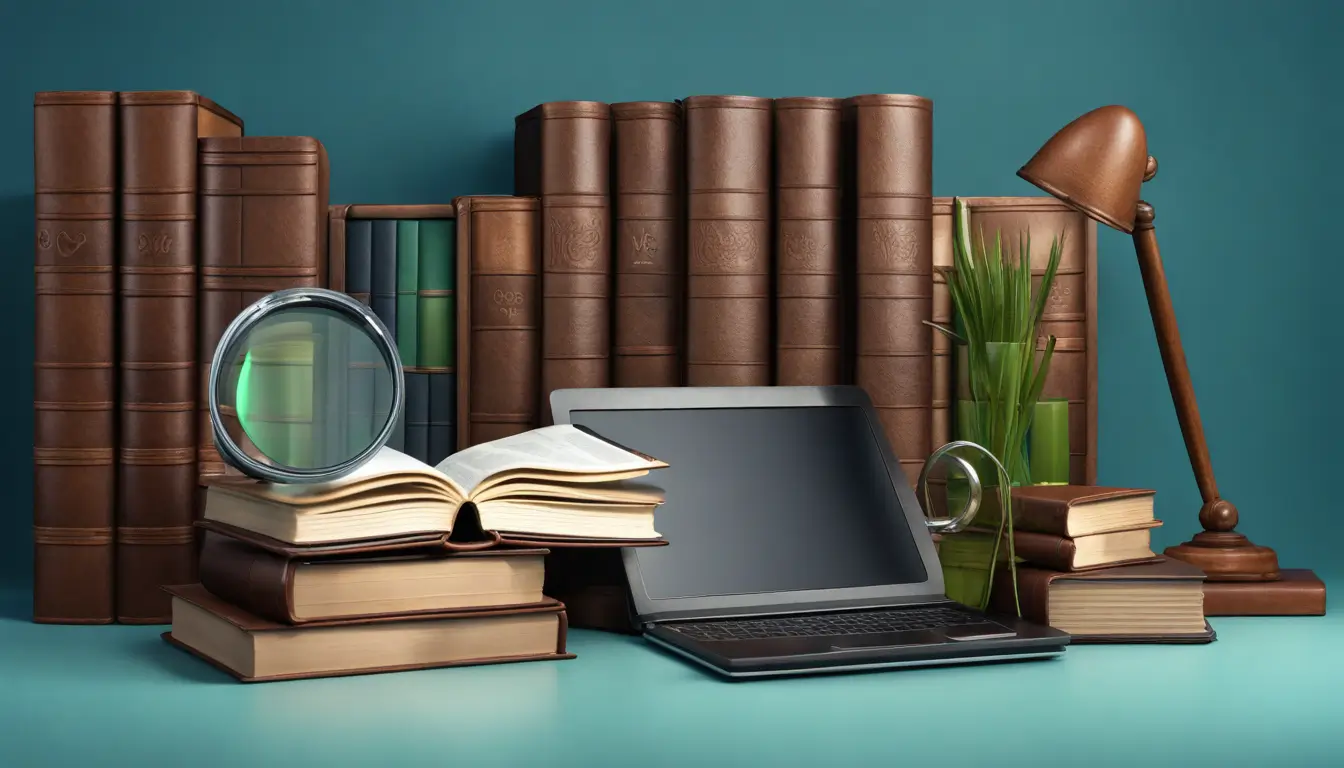Imagem de uma estante organizada com livros contábeis encadernados em couro marrom, uma lupa sobre um dos livros e um laptop aberto com um sinal de verificado verde na tela, representando atualizações na legislação contábil.