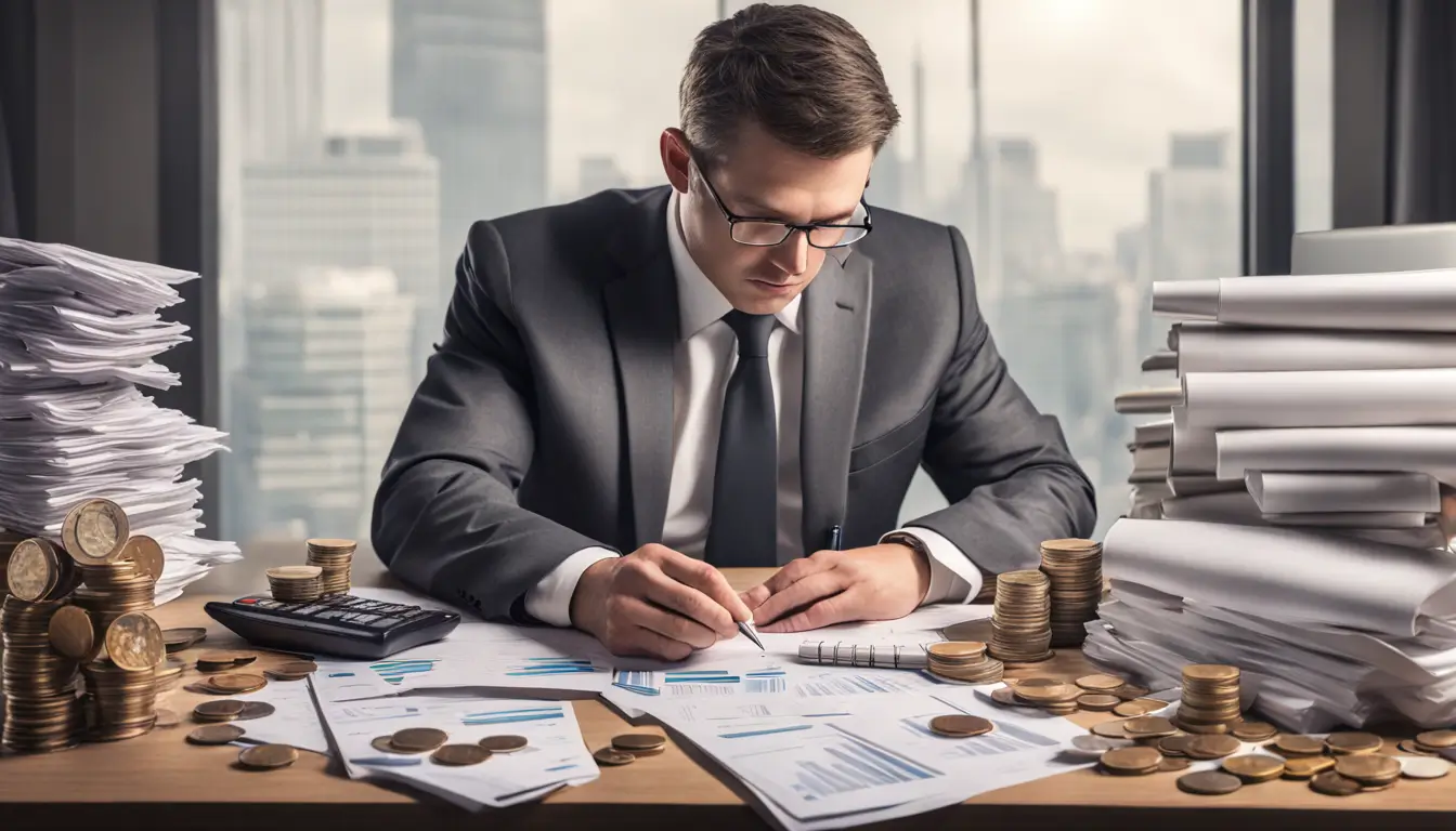 Empresário organizando o orçamento da sua empresa com gráficos, calculadora e cofrinho na mesa de trabalho, representando finanças para empreendedores.