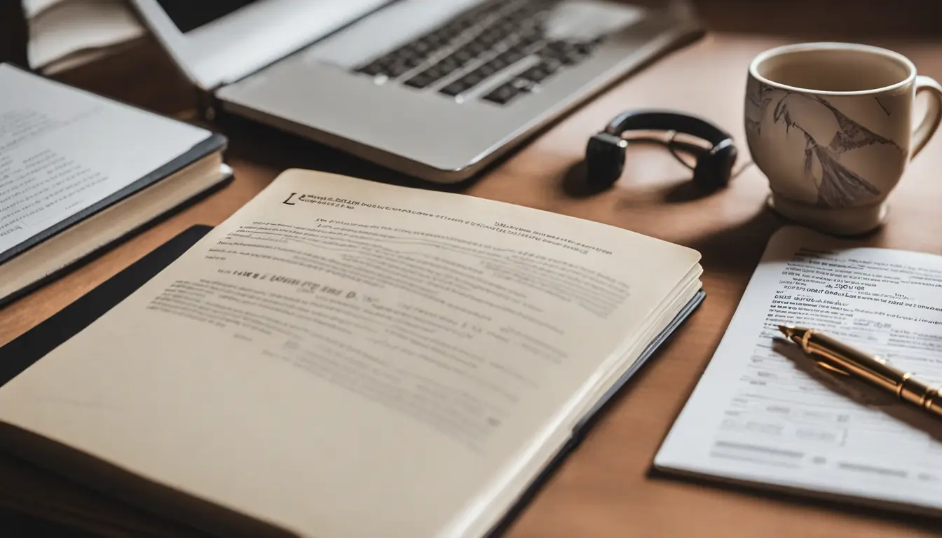 Imagem de um livro de legislação contábil, laptop com gráficos financeiros, documentos e óculos em uma mesa de escritório para postagem sobre atualização na legislação contábil.
