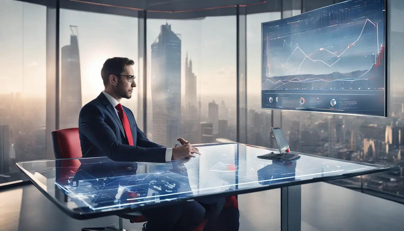 Corretor de seguros profissional em um escritório futurista analisando gráficos e tendências de seguro em um computador holográfico. Imagem ilustra o sucesso em 2024.