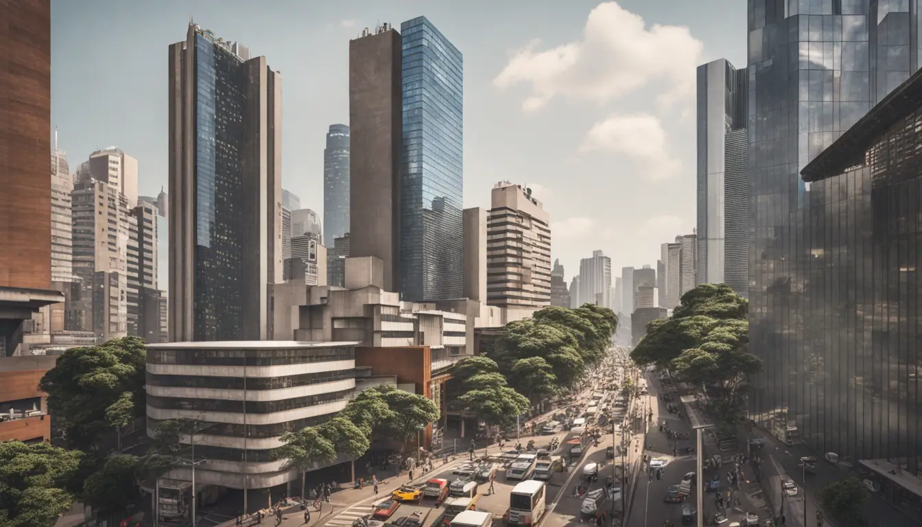 Imagem de São Paulo em um dia movimentado, destacando uma pequena empresa com placa de aberto na porta, representando o guia para abrir sua empresa na cidade.