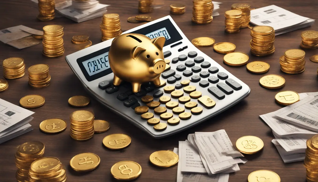 Imagem de uma calculadora grande com botões de moedas de ouro, cercada por pilhas de faturas de papel e um pequeno cofrinho de metal, representando como a contabilidade pode auxiliar na redução de custos da empresa.