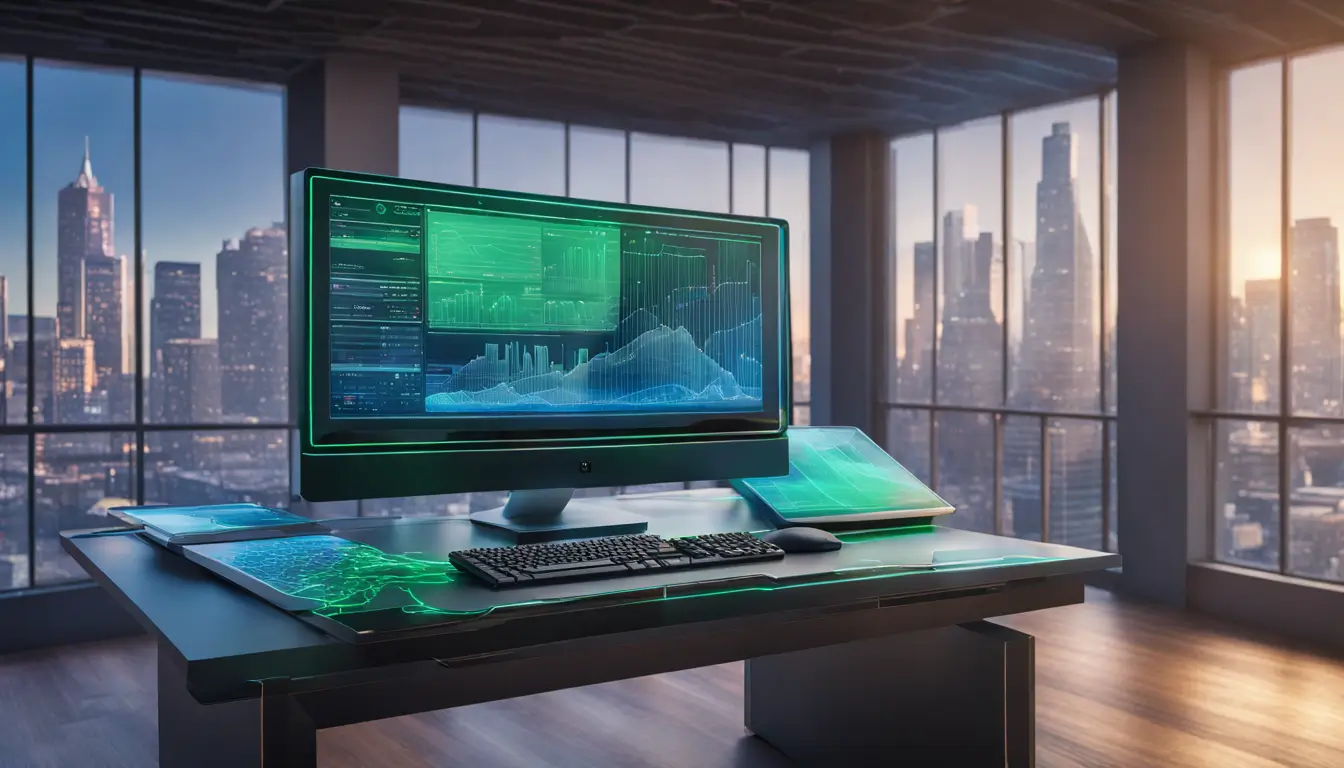 Imagem de um computador futurista representando tecnologia avançada na gestão contábil projetando dados e gráficos holográficos, com um esboço de um centro financeiro ao fundo.