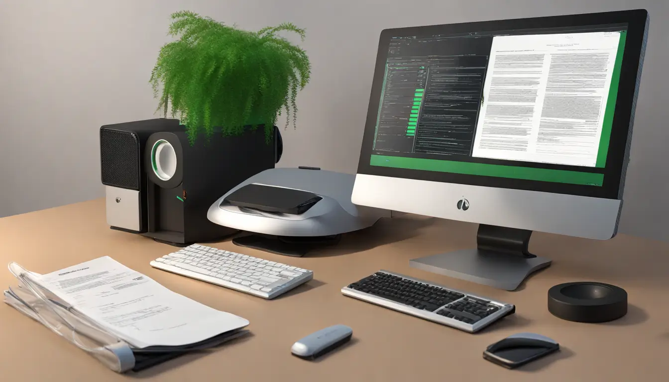 Imagem de mesa com computador exibindo arquivo digital, documentos físicos espalhados, máquina de scanner preta e lâmpada verde iluminando a cena, representando a digitalização de documentos.