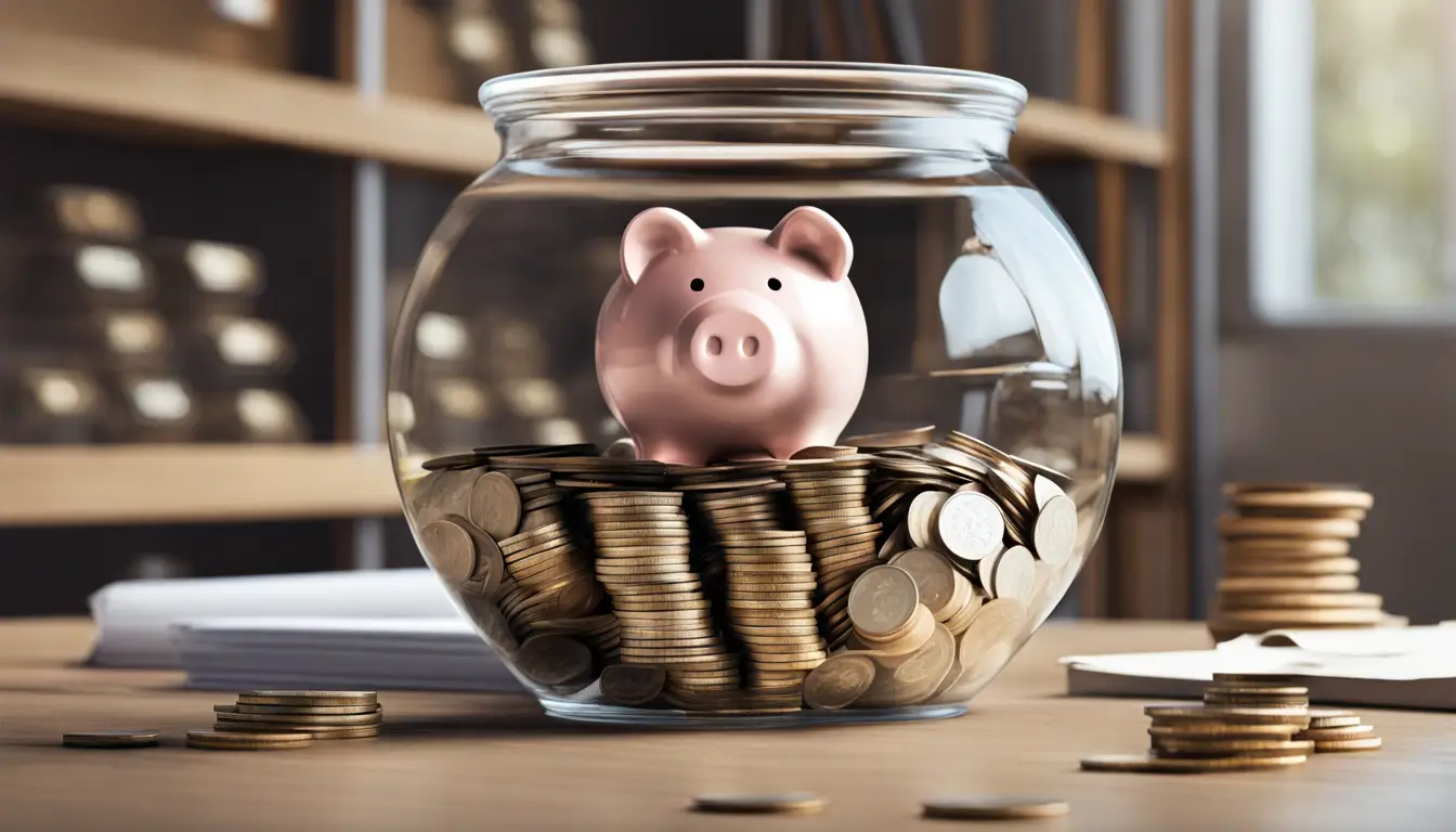 Imagem de um cofrinho transparente cheio de moedas e cédulas sobre uma mesa de madeira polida, com um ábaco e um sistema de arquivos bem organizado ao fundo, simbolizando gestão financeira eficiente.