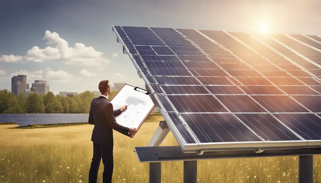 Imagem de um profissional de contabilidade examinando um grande campo de painéis solares com um edifício de empresa de energia solar ao fundo.