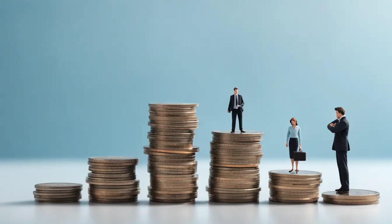Imagem ilustrando empresários em pilhas crescentes de moedas, simbolizando o crescimento financeiro, ao lado de um livro de contabilidade e calculadora, refletindo a importância da contabilidade para