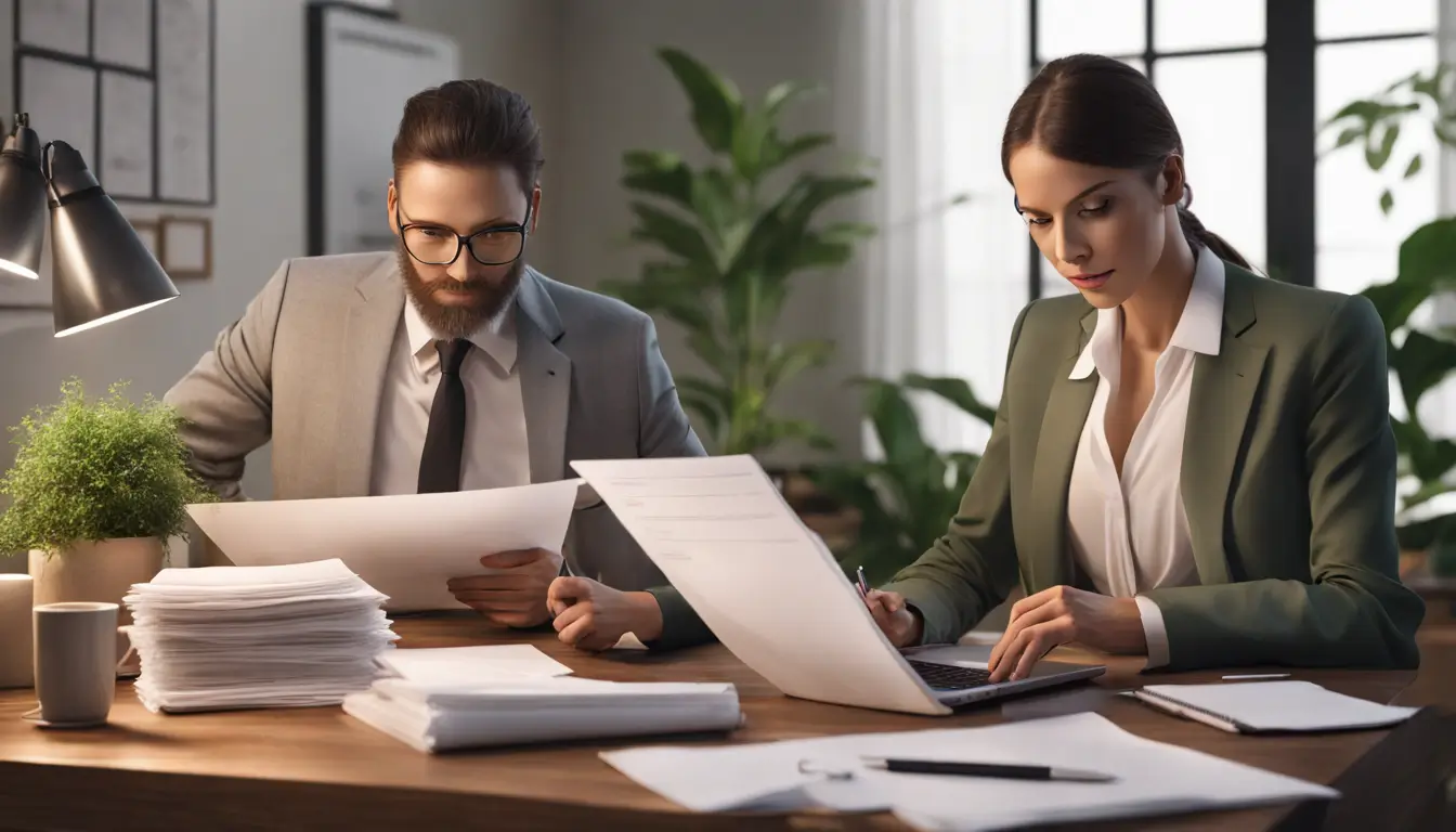 Homem e mulher profissionais discutindo documentos para abrir uma empresa, com laptop, xícara de café e planta verde ao redor. Ideal para quem quer começar um negócio sem dores de cabeça.
