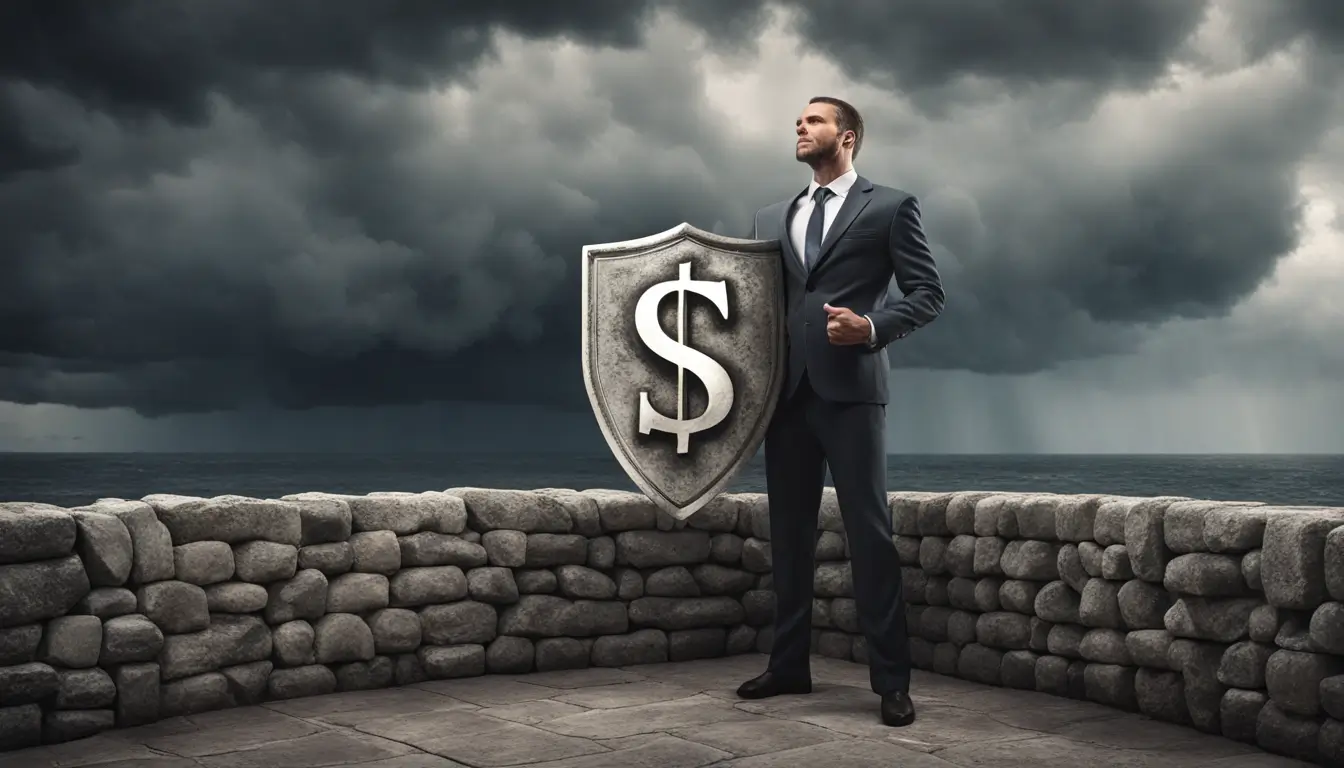 Empresário protegendo-se de riscos financeiros com um escudo com símbolo de dólar, em meio a uma tempestade, ilustrando a gestão de riscos financeiros.
