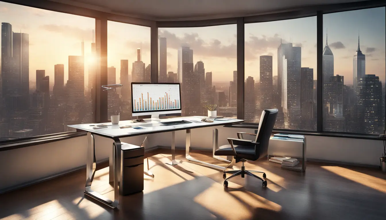 Escritório moderno com laptop exibindo gráficos financeiros, calculadora e dinheiro na mesa de vidro com vista panorâmica para a cidade - representação de inovação na gestão financeira.