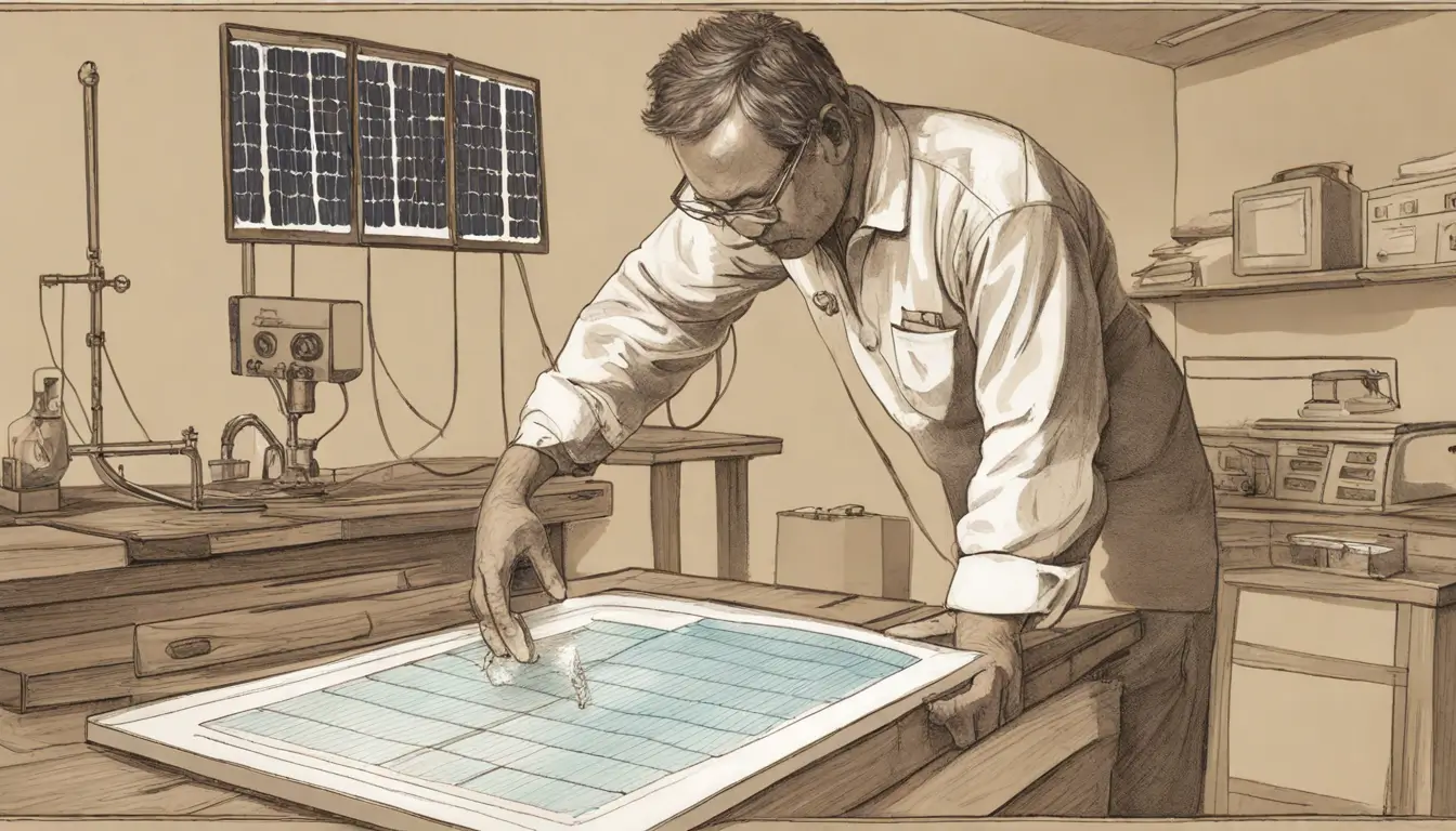 Contabilista analisando dados financeiros sobre investimento em energia solar, com painéis solares ao fundo em um dia ensolarado.