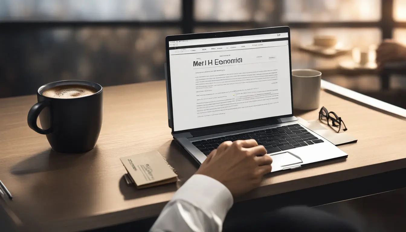 Empreendedor planejando a abertura de um MEI com laptop, bloco de notas e caneca de café em um ambiente de escritório iluminado.