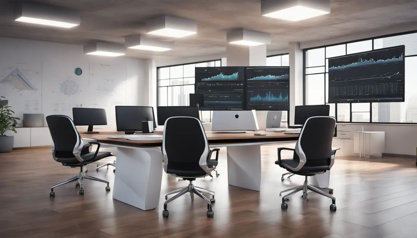 Escritório moderno com sistema de automação contábil high-tech, gráficos holográficos financeiros e cadeiras ergonômicas, representando inovação empresarial.