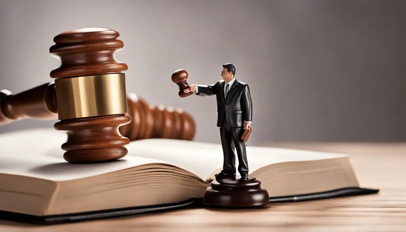 Imagem de um martelo de juiz e um livro de leis com miniaturas de empresário e empregado se cumprimentando, representando atualizações na legislação trabalhista.
