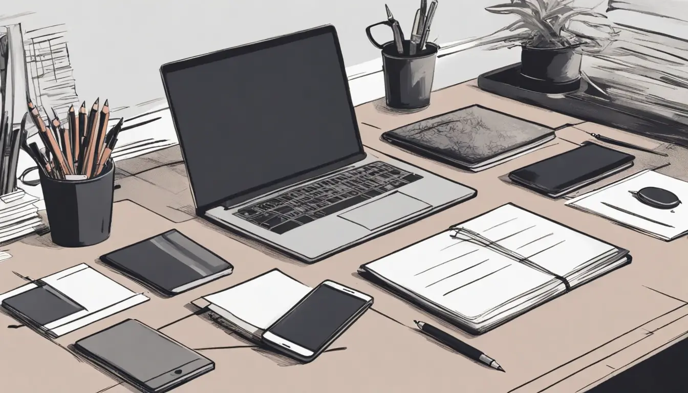Imagem representando as tendências do mercado de seguros para 2024 com um laptop, documentos e elementos de corretagem em um ambiente de escritório.