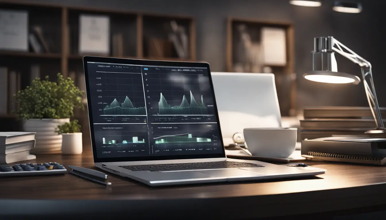 Escritório moderno com laptop prata mostrando gráficos 3D flutuantes e itens de contabilidade tradicionais, simbolizando a inteligência artificial na contabilidade.