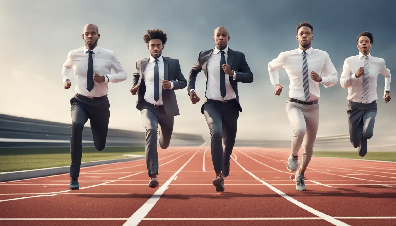 Empreendedores diversos prontos para correr em pista de atletismo, simbolizando hábitos de alta performance para sucesso nos negócios.