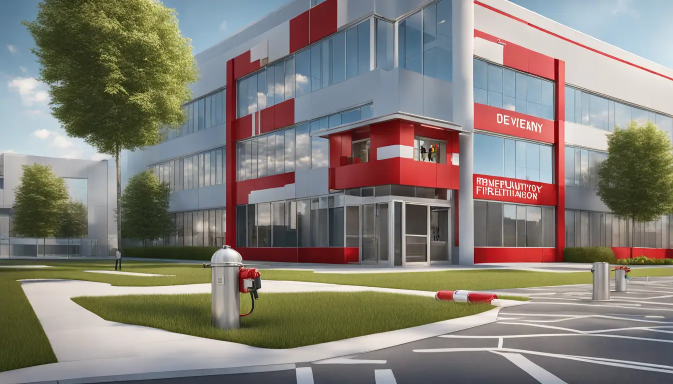 Edifício corporativo moderno com área de combate a incêndios e sinalização de segurança refletindo um compromisso com baixo risco para bombeiros.