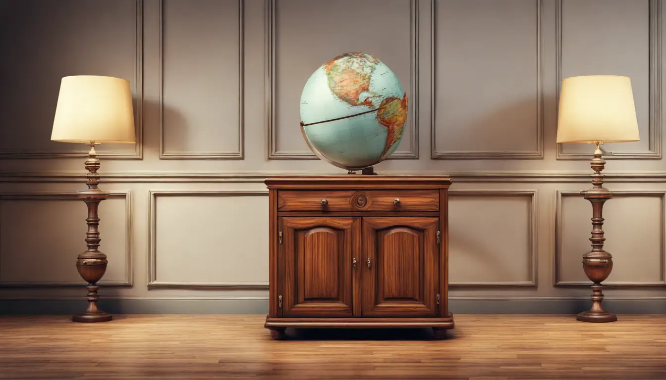 Imagem de uma mesa de mogno com lâmpada vintage, globo antigo e cofre de aço, representando investimentos a longo prazo para SEO.