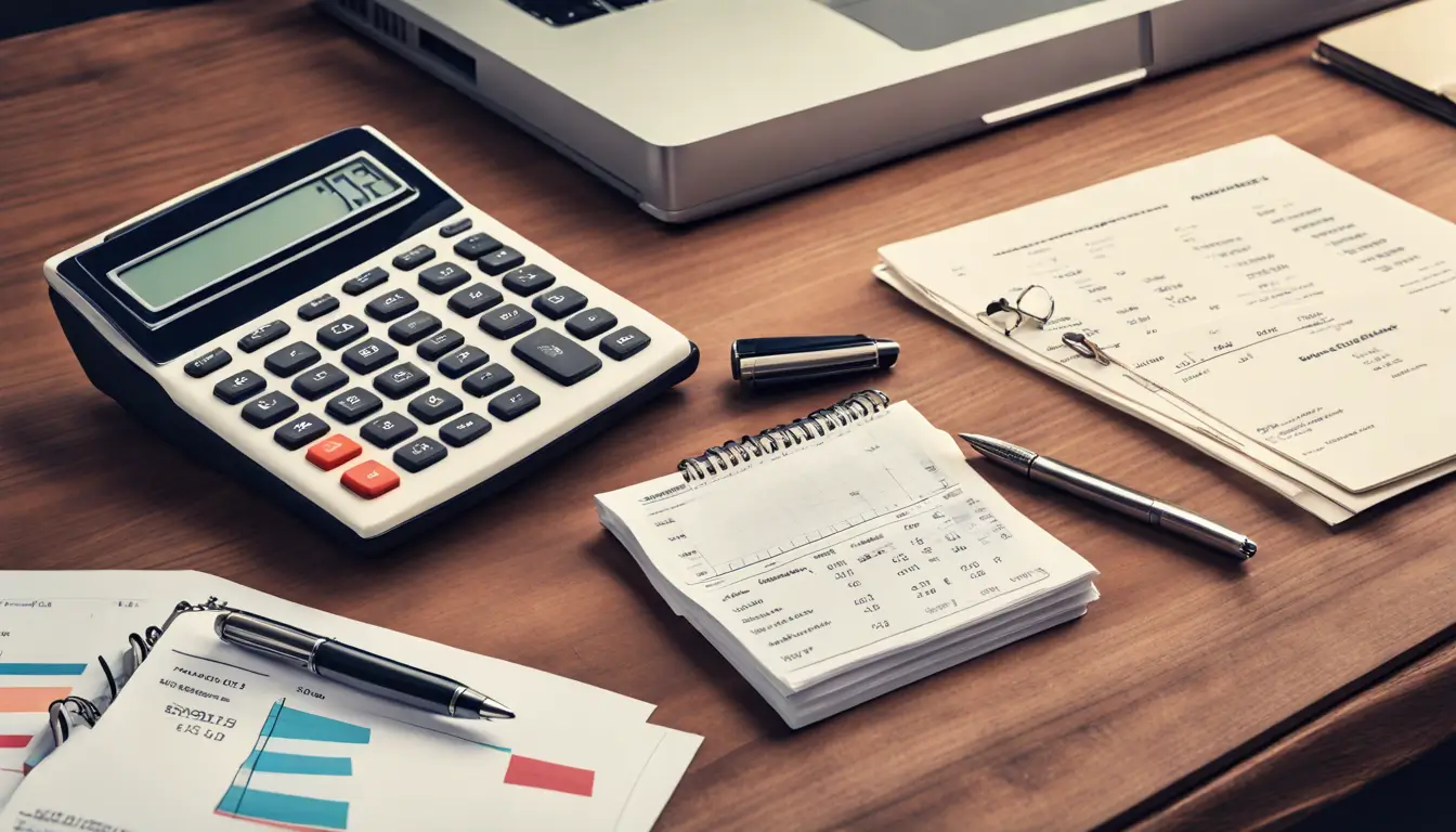 Calculadora de contabilidade, recibos e pastas de apólices de seguros sobre uma mesa de madeira, indicando estratégias financeiras para corretora de seguros.