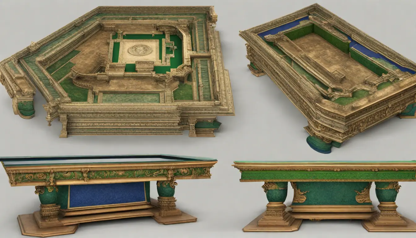Escritório corporativo com gráfico de balanço patrimonial em 3D sobre mesa de mogno, simbolizando análise financeira empresarial.