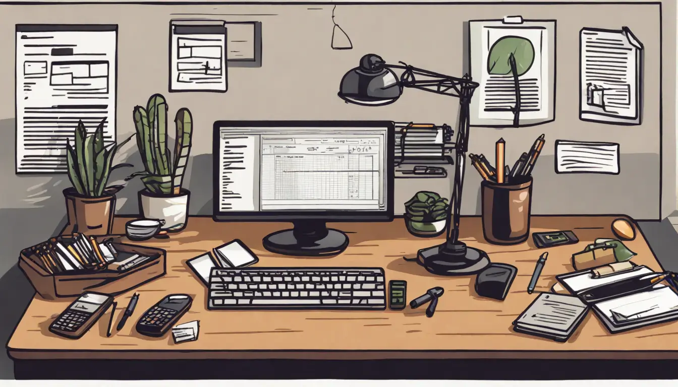 Imagem representando ativo imobilizado com um computador exibindo gráficos e documentos financeiros relacionados ao patrimônio da empresa.