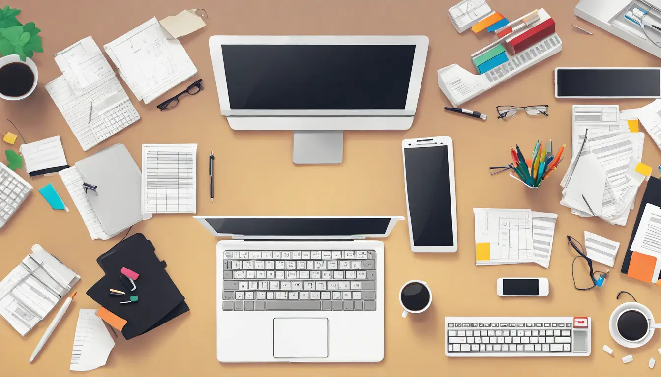Imagem representando a organização de contas em BPO Financeiro com documentos, gráficos e dispositivos eletrônicos em um escritório iluminado.