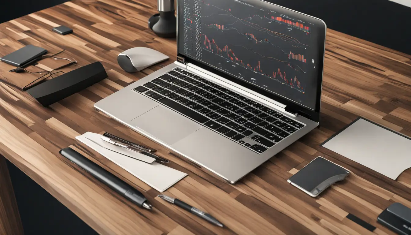 Gráfico de barras com moedas simbolizando controle de custos ao lado de uma calculadora e laptop com gráficos, representando a saúde financeira empresarial.