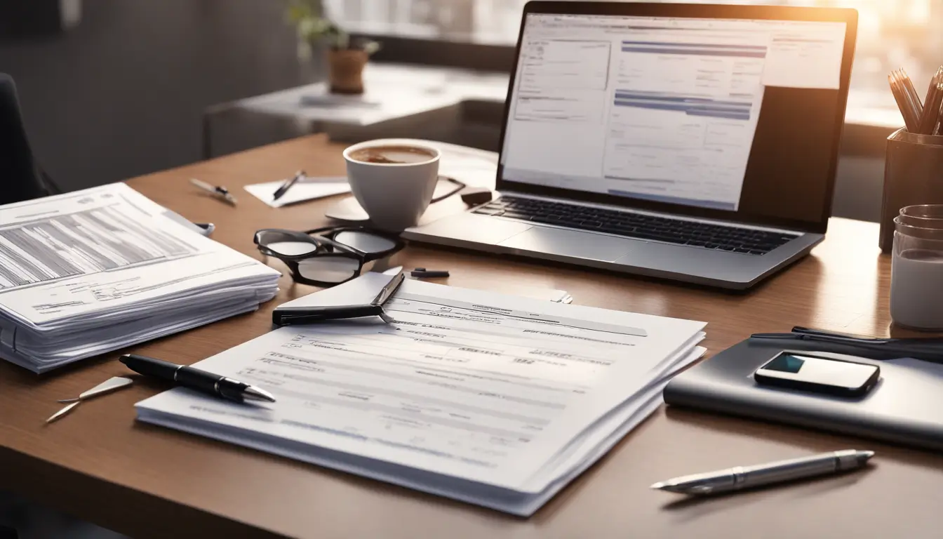 Escritório organizado com laptop exibindo formulário de abertura de empresa, óculos e documentos com código de barras para blog sobre Código de Serviço.
