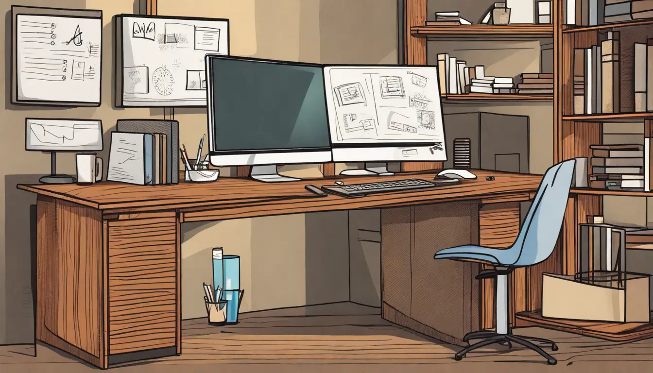 Imagem representando a importância do código CNAE para empresas, com gráficos em tela de computador e catálogo de arquivos rotulados sobre uma mesa de escritório.