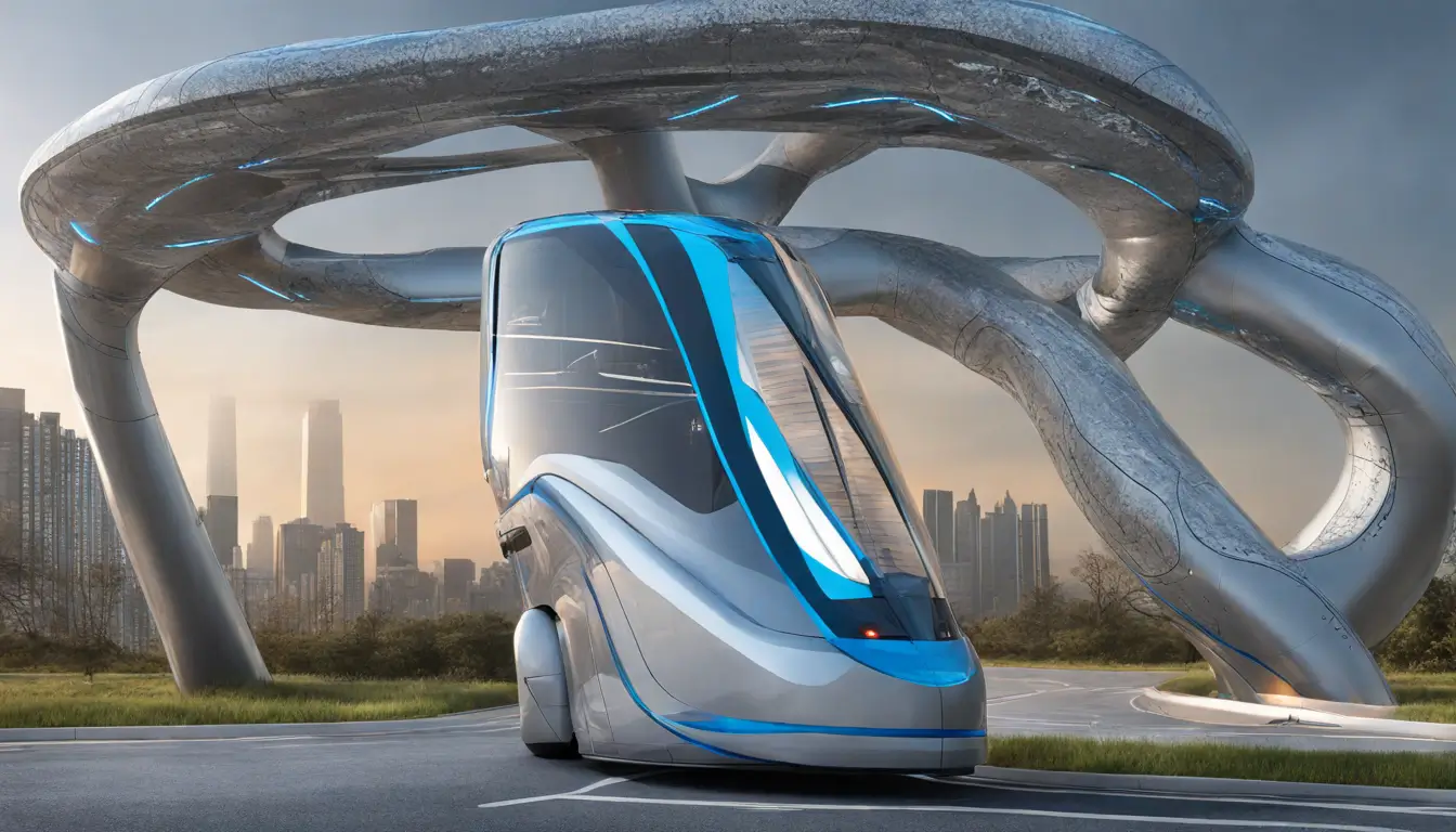 Camionete futurista prateada integrada a uma estrada digital no transporte de mercadorias, simbolizando a revolução CT-e no Brasil.