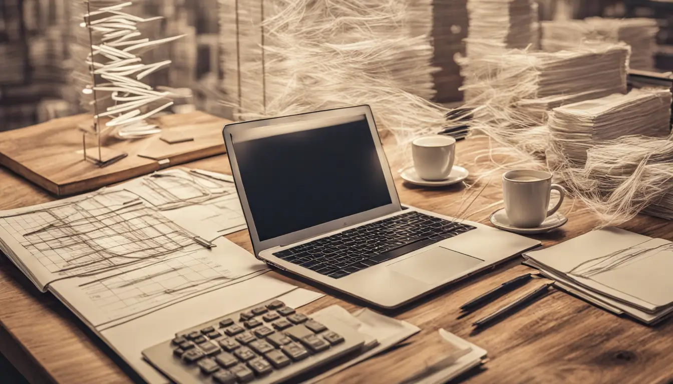 Imagem representando análise financeira com gráficos, calculadora e laptop em um escritório moderno, ideal para um post sobre DRE e desempenho financeiro.