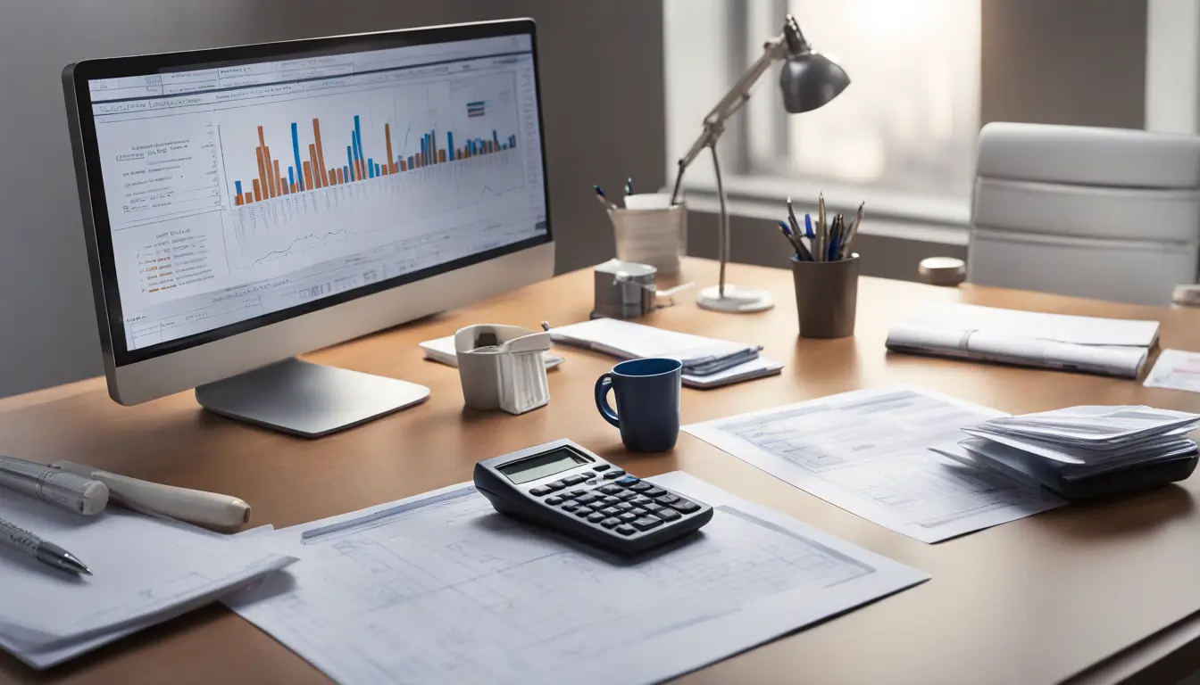 Escritório com computador mostrando gráficos, calculadora e modelo de corretora de seguros, representando os custos de contabilidade para corretoras.