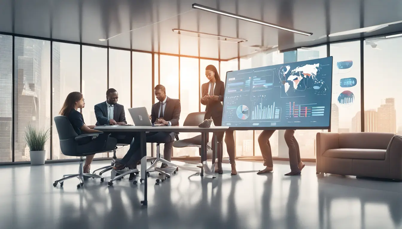 Grupo diversificado de profissionais em escritório moderno discutindo estratégias de marketing para corretoras de seguros com símbolos relacionados ao seguro.