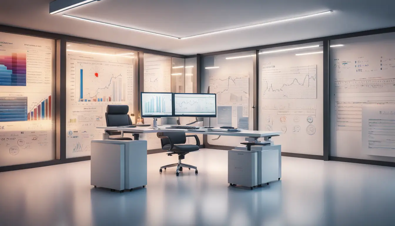 Escritório moderno com computador, documentos sobre seguros, calculadora e tablet mostrando estatísticas de mercado, ideal para corretora de seguros.