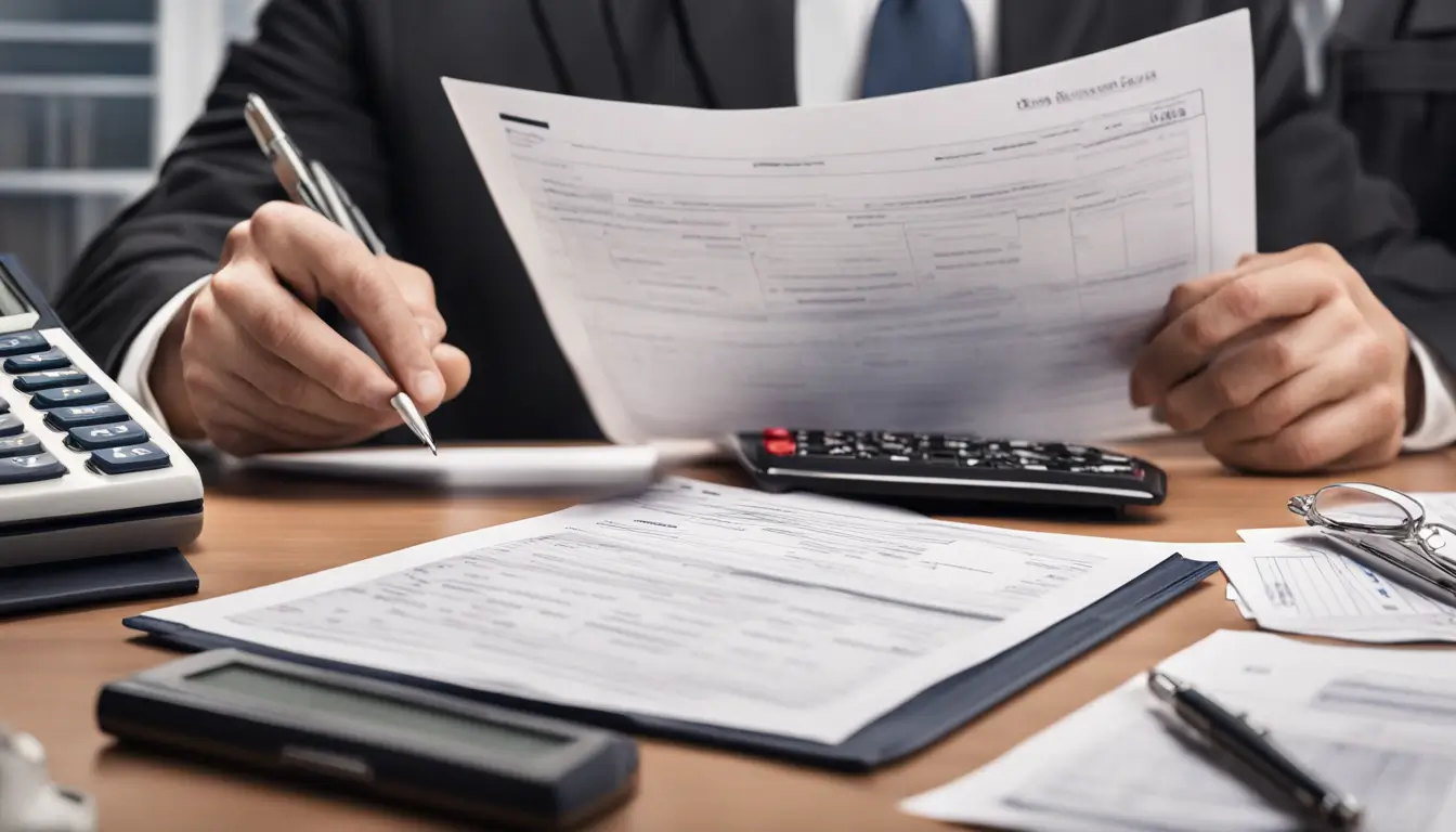 Corretor de seguros analisando documentos financeiros com calculadora em um escritório organizado, evidenciando a escolha de um contador eficiente.