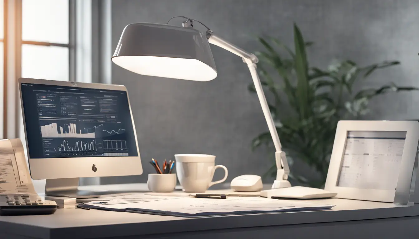 Escritório moderno com laptop mostrando gráficos, documentos de seguro, calculadora e caneta, iluminados por uma lâmpada de mesa branca.